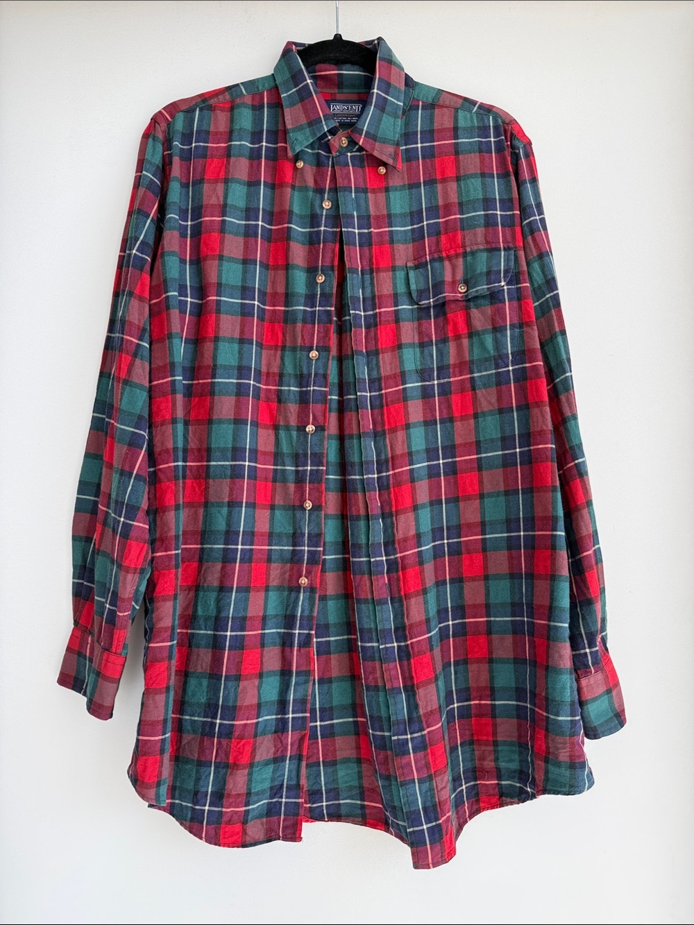 VTG Lands' End Landsweave Plaid Shirt M Long Cotton Wool Blend